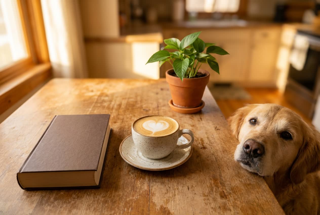 A morning table — coffee, a plant, a book and a dog — with Synapse labeling each object in the language being learned